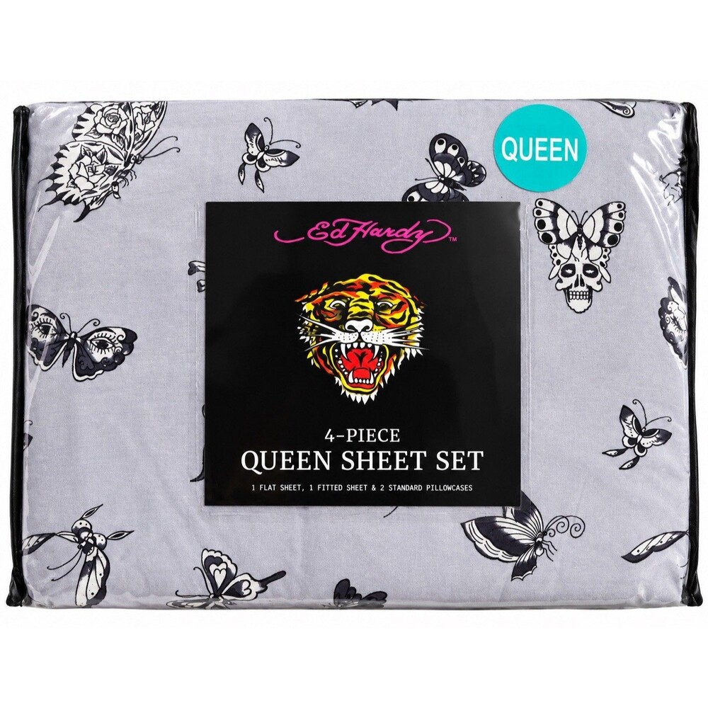Ed Hardy Queen Sheet Set 4pc Butterfly Skull Gothic Y2K Lavender Purple NEW